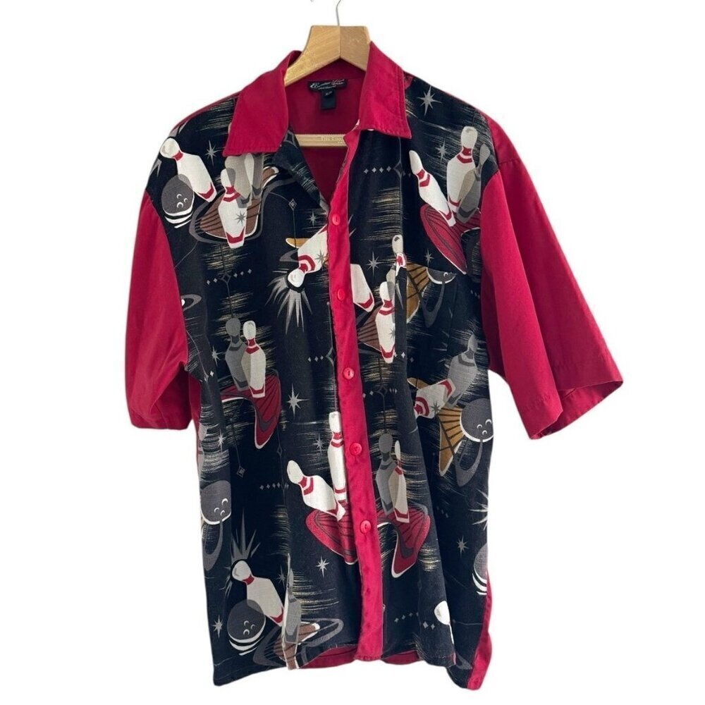 VTG Men's Sz XL Red & Black Panel Button Up Bowling Shirt Bowling Pins Mid Cent